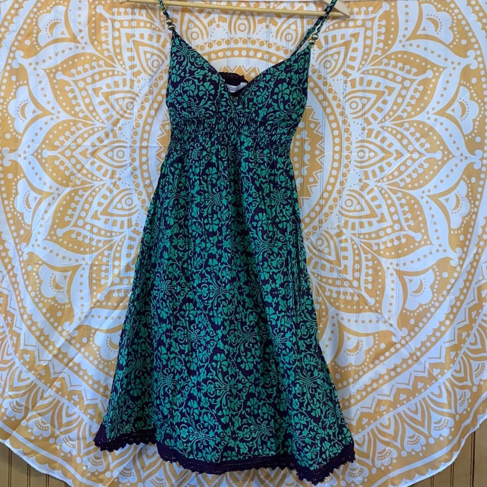 Derek Heart Eggplant and Green Spaghetti Straps Gathered detail Sundress - Small